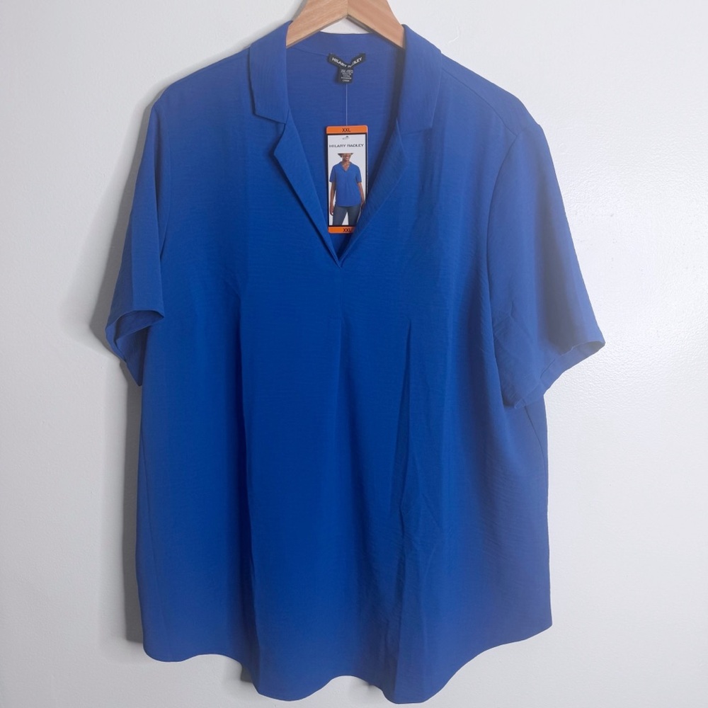 NWT Hilary Radley Blue Notch Collar V-Neck Short Sleeve Blouse XXL Casual Flowy